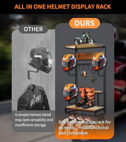 NANXITU Motorcycle Helmet Rack Wall Mount, Retro Rust Helmet Holder with Wood Floating Shelf and Hooks for Storage