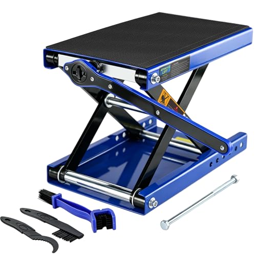 1100 lb Motorcycle Jack, 3.4-12.6" Lift, 6-Pin, Wrench & Brushes | Steel scissor jack, powder-coated. 6-position safety pin. Ratchet wrench, rubber pad, folds flat. 3 brushes included.