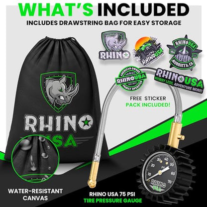 Rhino USA Heavy Duty Tire Pressure Gauge (0-75 PSI) - Certified ANSI B40.1 Accurate, Large 2" Easy Read Glow Dial, Premium Braided Hose, Solid Brass Hardware, Best for Any Car, Truck, Motorcycle, RV - size: 75 PSI Compact