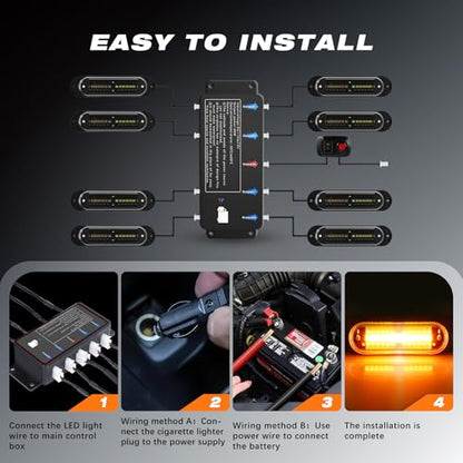 LED Amber Strobe Light For Trucks,8Pcs Emergency Grill Surface Mount Flashing Lights With Controller For Construction Firefighter Vehicles Car - color: Amber