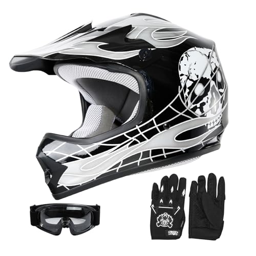 SLMOTO Dot Youth and Kids Motocross Offroad Street Helmet Motorcycle Helmet Dirt Bike Motocross ATV Helmet+Goggles+Gloves, Black, L - color: Black Skull, size: Large