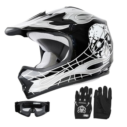 SLMOTO Dot Youth and Kids Motocross Offroad Street Helmet Motorcycle Helmet Dirt Bike Motocross ATV Helmet+Goggles+Gloves, Black, L - color: Black Skull, size: Large