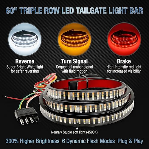 Tailgate Light Bar, 60" Flexible Triple Row 504 LED Tail Light Strip, Bright Truck Tailgate Lights Bar with White Reverse/Red Brake/Sequential Amber Turn Signal, Universal for Trailer Pickup