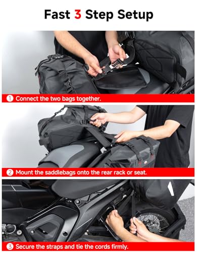 KEMIMOTO IPX6 Waterproof Motorcycle Saddlebags PVC Soft Panniers Side Tail Bag 30L(15Lx2) Motorbike Dirtbike Dual Sport Bike Adventure Travel Luggage Rackless Saddle Bags Black