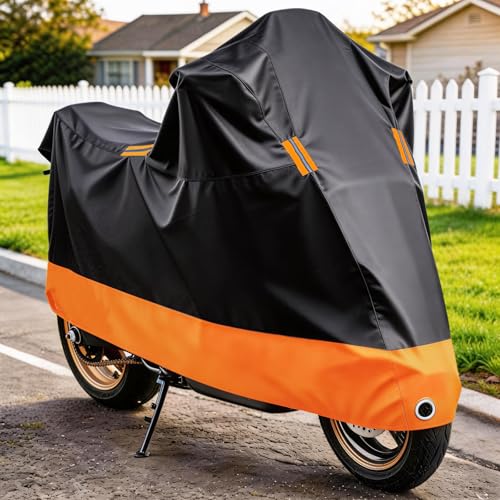 Motorcycle Cover Waterproof Outdoor, 210D Oxford All-Weather Rain Dust Protection with Lock Holes & Sealed Seams