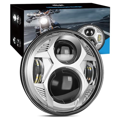 Nilight 5-3/4 5.75 Inch Motorcycles LED Headlight Compatible with Harley Davidson Sportster Iron 883 Dyna Street Bob Super Wide Glide Low Rider Night Rod Train Softail, Chrome - color: 5.75Inch LED Headlight Chrome