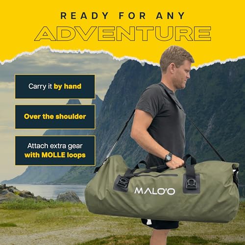 Malo’o Waterproof Dry Duffel, Heavy-Duty Roll Top Waterproof Gear Bag with Shoulder Strap & Molle Loops, Marine Duffel for Kayaking, Boating, Camping, Beach & Travel, Dark Green, 100L - color: Dark Green, size: 100L
