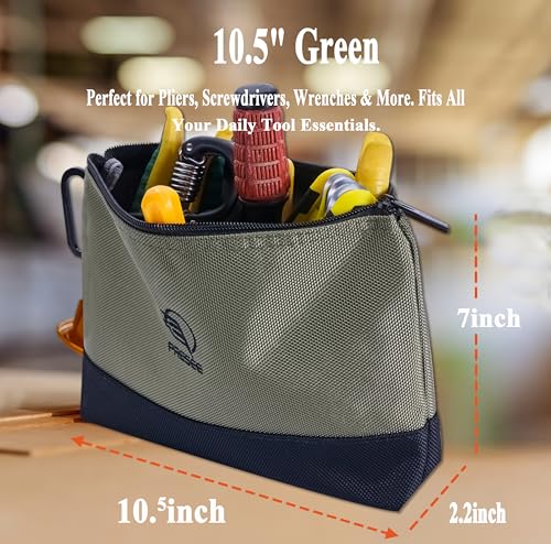 Tool Pouch Zipper Small Tool Bag Pouches Organizer Bag with Metal Carabiner, Nylon 1680D Heavy Duty for Wrenches, Screwdrivers, Pliers, Pack of 1, Green, 10.5 Inch - color: Green with Black Bottom