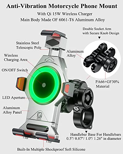 BRCOVAN Aluminum Alloy Motorcycle Phone Mount with Qi 15W Wireless Charger | with Vibration Dampener, Anti-Theft Waterproof Motorcycle Handlebar Cellphone Holder, Adjustable Fit 4.7''-7.2'' Smartphones - color: SILVER