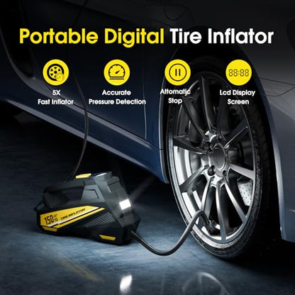 FLYKID Tire Inflator Portable Air Compressor- 12V DC Air Pump for Car Tires with 150PSI LCD Digital Gauge & Emergency LED Light,Auto Tire Pump for Cars,Motorcycles,Bikes,Balls (Yellow, Large)