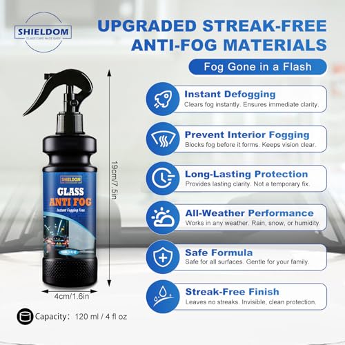 SHIELDOM Anti-Fog Spray for Glass Car Windshield Defogger Prevents Fogging of Interior Glass, Mirrors, Windows, Shower Door with Defogging & Cleaning Sponge, Towel 4oz/120ml