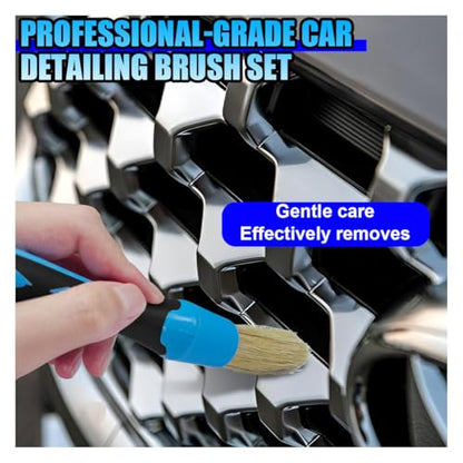 3PCS Car Detailing Brush Set, Soft Boars Hair No-Scratch Automotive Cleaning Brushes, Car Interior & Exterior Dusting Brush Auto Detailing Supplies for Air Vent, Leather Seat, Wheel (Blue)