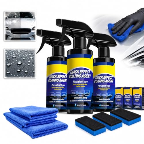 3-Pack Quick Effect Coating Agent for Car, Upgraded Car Coating Spray for Shine & Protection, Waterless Scratch Polish and Paint Shield Kit with 3 Microfiber Towels and 3 Sponges