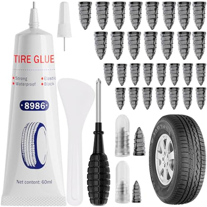 60ML*1 Tire Repair Glue Kit, 30 PCS Tire Repair Rubber Nails，for Vacuum Tires Puncture Repair on Cars, Motorcycles, Trucks, and Tractors, Tire Plug kit.