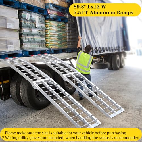 7.5FT Aluminum Ramps, Folding Loading Ramps, 3000 lbs Aluminum Alloy Loading Ramp, Trailers Ramp with Load Straps, for ATV/Motorcycles/Trucks, 89.8" Lx12 W, Set of 2, Silver