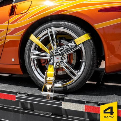 VULCAN Car Tie Down with Chain Anchors - Lasso Style - 2 Inch x 96 Inch - 4 Pack - Classic Yellow - 3,300 Pound Safe Working Load - size: Chain Anchors - Classic Yellow (4 Pack)