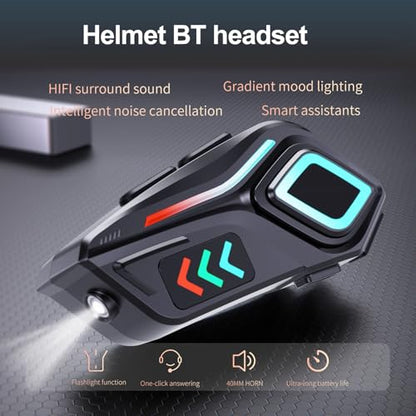 Bewinner Motorcycle Bluetooth Communication Headset, Wireless Motorcycle Earphone with Color Ambient Lights, Noise Cancellation Microphone, IP65