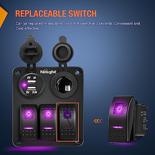 Nilight 3 Pack Rocker Switches with Night Glow Stickers On Off 5 PIN SPST LED Switch Pinkish Purple Backlit 12V/24V for Cars Trucks RVs Boats Auto Motorcycles - color: Purple 3 PCS