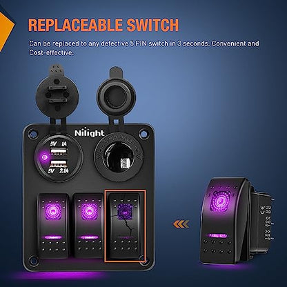 Nilight 3 Pack Rocker Switches with Night Glow Stickers On Off 5 PIN SPST LED Switch Pinkish Purple Backlit 12V/24V for Cars Trucks RVs Boats Auto Motorcycles - color: Purple 3 PCS