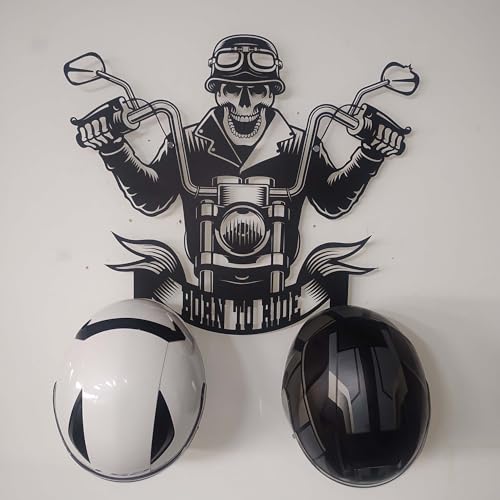 Handmade Metal Skull Wall Decor Hanger – “Born To Ride” Motorcycle Helmet and Jacket Rack – Black Steel Wall Art, Gift Harley Garage, Bikers and Motorcycle Lovers (79X89cm/31X40 Inches) - size: 79X89cm/31X40 Inches