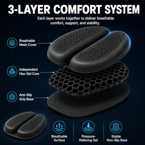 Hexrider Motorcycle Seat Cushion, 3D Honeycomb Gel Motor Seat Pad for Long Rides, Ergonomic Shock Absorption TPE Rider Cushion, Universal Non-Slip Breathable Cruiser Touring Seat Cover