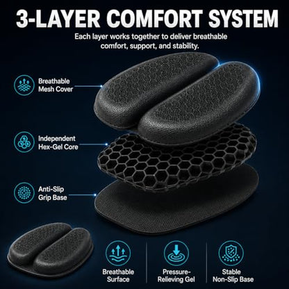 Hexrider Motorcycle Seat Cushion, 3D Honeycomb Gel Motor Seat Pad for Long Rides, Ergonomic Shock Absorption TPE Rider Cushion, Universal Non-Slip Breathable Cruiser Touring Seat Cover