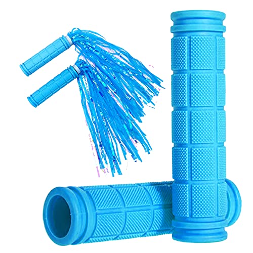 Bike Handle Grips with Tassel Streamers for Girls Boys and Kids, Non-Slip Bicycle Handlebar Grips Cover for Mountain Bike, Scooters Road Bike BMX MTB Cycling Replacement Parts - color: Sky Blue & Streamers