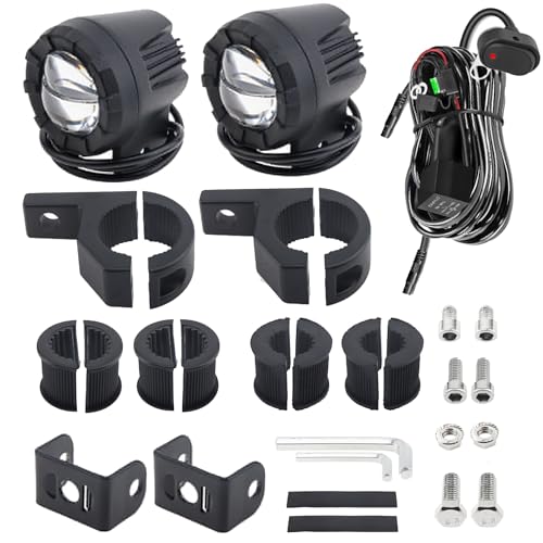 Windance Motorcycle Spotlight Auxiliary Driving Light,30W Fog Light Work Light with Wiring Harness,White Yellow High/Low Beam Strobe for ATV UTV Tractor Scooter (Spotlight+Wiring Harness+Bracket)