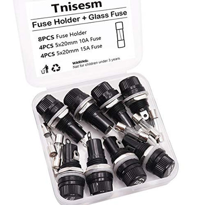 Tnisesm 8 Pcs Panel Mounted 5x20mm Screw Cap Fuse Holder Socket AC 250V 10A/AC 125V 15A Black with 8 Pcs Glass Tube Fuse(10A+15A) - color: 8PCS