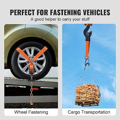 VEVOR Car Tie Down with Chain Anchors, Lasso Style 2"×120" Tire Straps, 5865 LBS Working Load, 11023 LBS Breaking Strength, with Heavy Duty Ratchets for Passenger Car, ATV, SUV, UTV, Truck, 4-Pack - style: Lasso-Style with Heavy Duty Hook