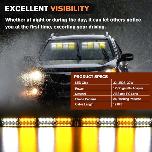 Nilight 32LED Amber White Emergency Dash Strobe Lights with Controller Suction Cups Warning Hazard Interior Front/Rear Windshield Deck Split Light Bar for Truck Construction Vehicle - color: Amber and White