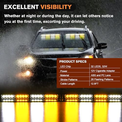 Nilight 32LED Amber White Emergency Dash Strobe Lights with Controller Suction Cups Warning Hazard Interior Front/Rear Windshield Deck Split Light Bar for Truck Construction Vehicle - color: Amber and White