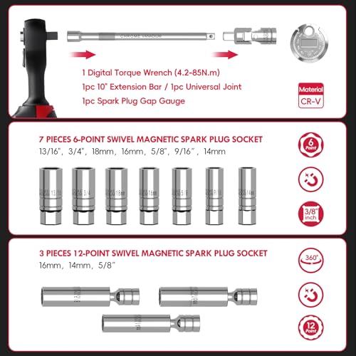 14-Piece 3/8-Inch Drive Spark Plug Socket Set with Torque Wrench (3-62.6 Ft.Lb / 4.2-85 N.m), Magnetic Swivel Socket, Universal Joint & Extension Bar, CR-V Steel for Auto Repair - size: 3/8" 14pcs-Spark 4.2-85N.m/3-62.6Ft.lb