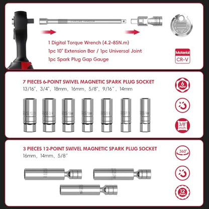 14-Piece 3/8-Inch Drive Spark Plug Socket Set with Torque Wrench (3-62.6 Ft.Lb / 4.2-85 N.m), Magnetic Swivel Socket, Universal Joint & Extension Bar, CR-V Steel for Auto Repair - size: 3/8" 14pcs-Spark 4.2-85N.m/3-62.6Ft.lb