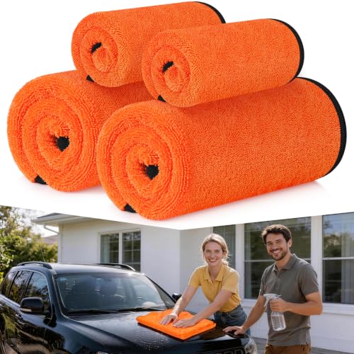 Bolant 4 Pack Twisted Loop Car Drying Towel, Microfiber Towels for Cars 24"x36", Reusable Shammy Quick Dry Cloth for Carwash, for Auto, Boat, RV, Garage & Home - color: Orange