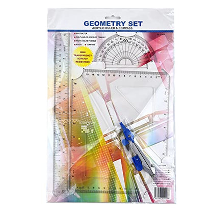 Coopay 12 Inch Math Geometry Tool Plastic Ruler Square Set Includes Straight Ruler, Triangles, Protractor, Compass, Pencil Lead, Pencil Sharpener for Student School Home Office Supplies - size: Math Geometry Tool