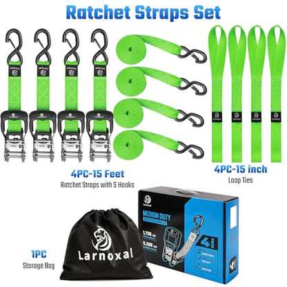 Ratchet Straps, 1.5 inch x 15 ft(4 Pack) Heavy Duty Tie Down Straps, Ratchet Tie Down Straps with Soft Loops-5,208 lbs (Green) - color: Green, size: 15 ft