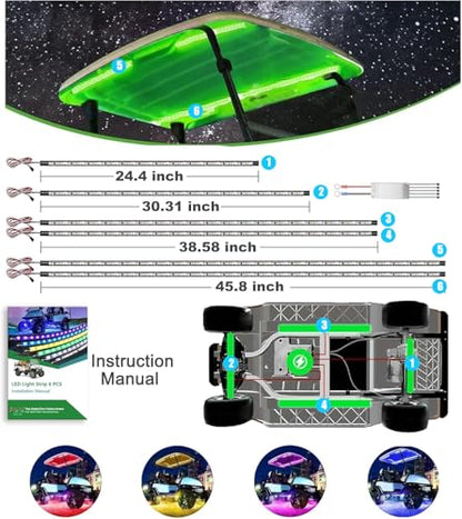 10L0L 6PCS Golf Cart Underglow LED Light Kit, Underbody RGB Strip Lights, 24-Mode Neon Accent Lighting, Music Sync, Wireless Remote, IP67 Waterproof, 12V-80V Input for EZGO Yamaha Club Car - style: 6 Pack(4 Underbody and 2 Roof)