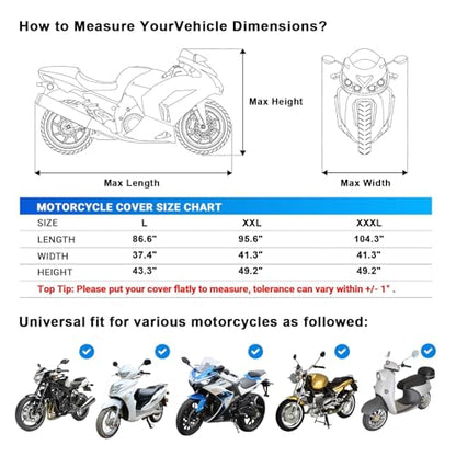 Motorcycle Cover 420D Heavy Duty | All Season Waterproof Outdoor Weather Sun Rain Protection Powersports Vehicle Cover | with 4 Reflective Tape, Lock-Holes, Storage Bag fits up to 104.3" - size: 104.3"