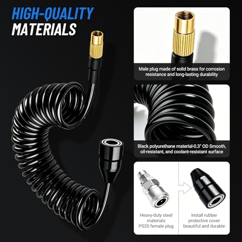 0.3" x 23FT Polyurethane Recoil Air Hose, Black Air Compressor Hose with Bend Restrictor, PS20 Female Plug Inflator Extension Hose with 1/4" Industrial Quick Coupler and Plug - size: 23.4 ft