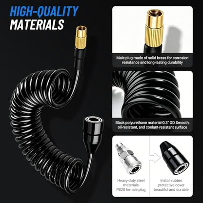0.3" x 23FT Polyurethane Recoil Air Hose, Black Air Compressor Hose with Bend Restrictor, PS20 Female Plug Inflator Extension Hose with 1/4" Industrial Quick Coupler and Plug - size: 23.4 ft