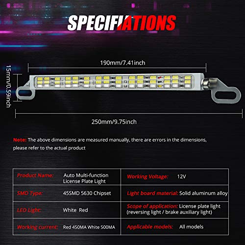 Rear License Plate Frame LED Light Bar - 7.41 Inch 45x5630SMD Chips White & Red for Cars SUVs Trucks RVs - All-in-One With Brake Lights - 1-Pack