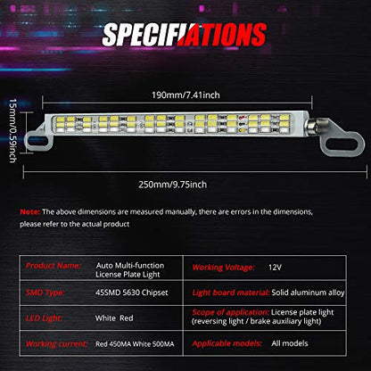 Rear License Plate Frame LED Light Bar - 7.41 Inch 45x5630SMD Chips White & Red for Cars SUVs Trucks RVs - All-in-One With Brake Lights - 1-Pack
