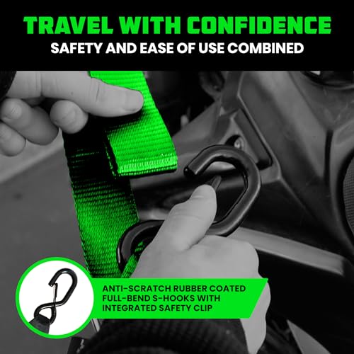 Rhino USA Motorcycle Tie Down Straps (2 Pack) Lab Inspected 2,200lb Break Strength, Steel Cambuckle Tiedown Set with Integrated Soft Loops - Better Than a Ratchet Strap (Green 2-Pack) - color: Green 2-Pack