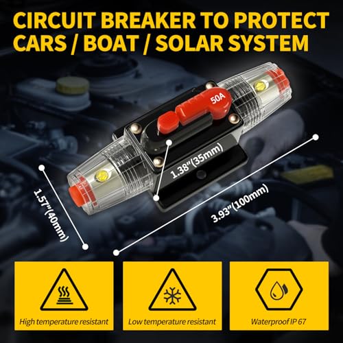 50 Amp Manual Reset Circuit Breaker DC 12-48V Waterproof Inline Fuse Holder, 3-15 AWG Overload Protection for Car Audio Sound Amplifier System RV Marine Boat Truck Solar (Pack of 2) - style: 50A