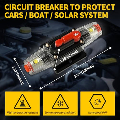 50 Amp Manual Reset Circuit Breaker DC 12-48V Waterproof Inline Fuse Holder, 3-15 AWG Overload Protection for Car Audio Sound Amplifier System RV Marine Boat Truck Solar (Pack of 2) - style: 50A