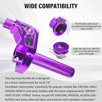 Universal 7/8" Big Twist Throttle Assembly, Dual Push-Pull Cable with Transparent Window for 110-650cc Dirt Pit Bike, Motocross, ATV & Quad, CNC Aluminum Quick Twister Throttle Grip (Purple) - color: Purple