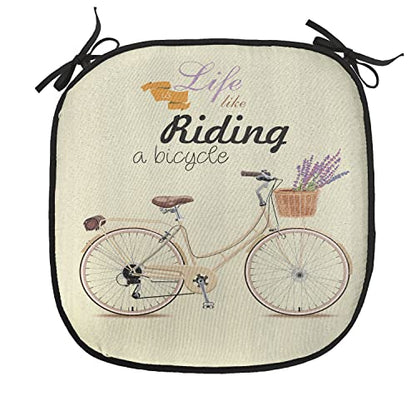 Lunarable Bicycle Chair Cushion Pad, Boho Pop Art Antique Bike Illustration with an Aesthetic Lavender Bouquet Basket, Seat Padding for Kitchen & Patio with Anti-Slip Backing, 16"x16", Beige Lilac - color: Beige Lilac, size: Pack of 1