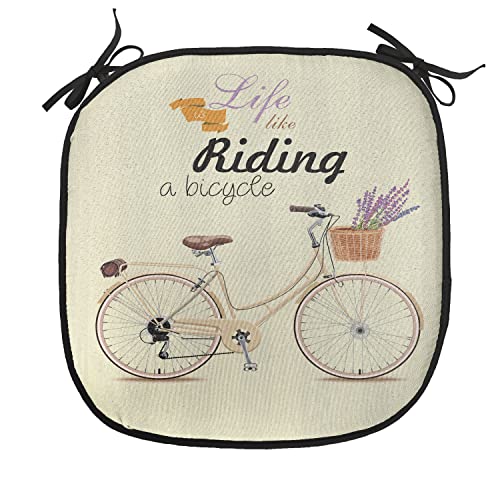 Lunarable Bicycle Chair Cushion Pad, Boho Pop Art Antique Bike Illustration with an Aesthetic Lavender Bouquet Basket, Seat Padding for Kitchen & Patio with Anti-Slip Backing, 16"x16", Beige Lilac - color: Beige Lilac, size: Pack of 1