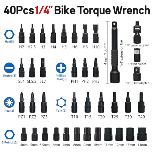 40-Piece 1/4-Inch Drive Electronic Torque Wrench Set, 1-22 Ft.lb (1.5-30 N.m), with Buzzer & LED Indicator, Bits & Sockets for Bicycle, Motorcycle, Lug Nut Maintenance - size: 1/4" 40pcs-Bike 1.5-30N.m/1-22Ft.lb